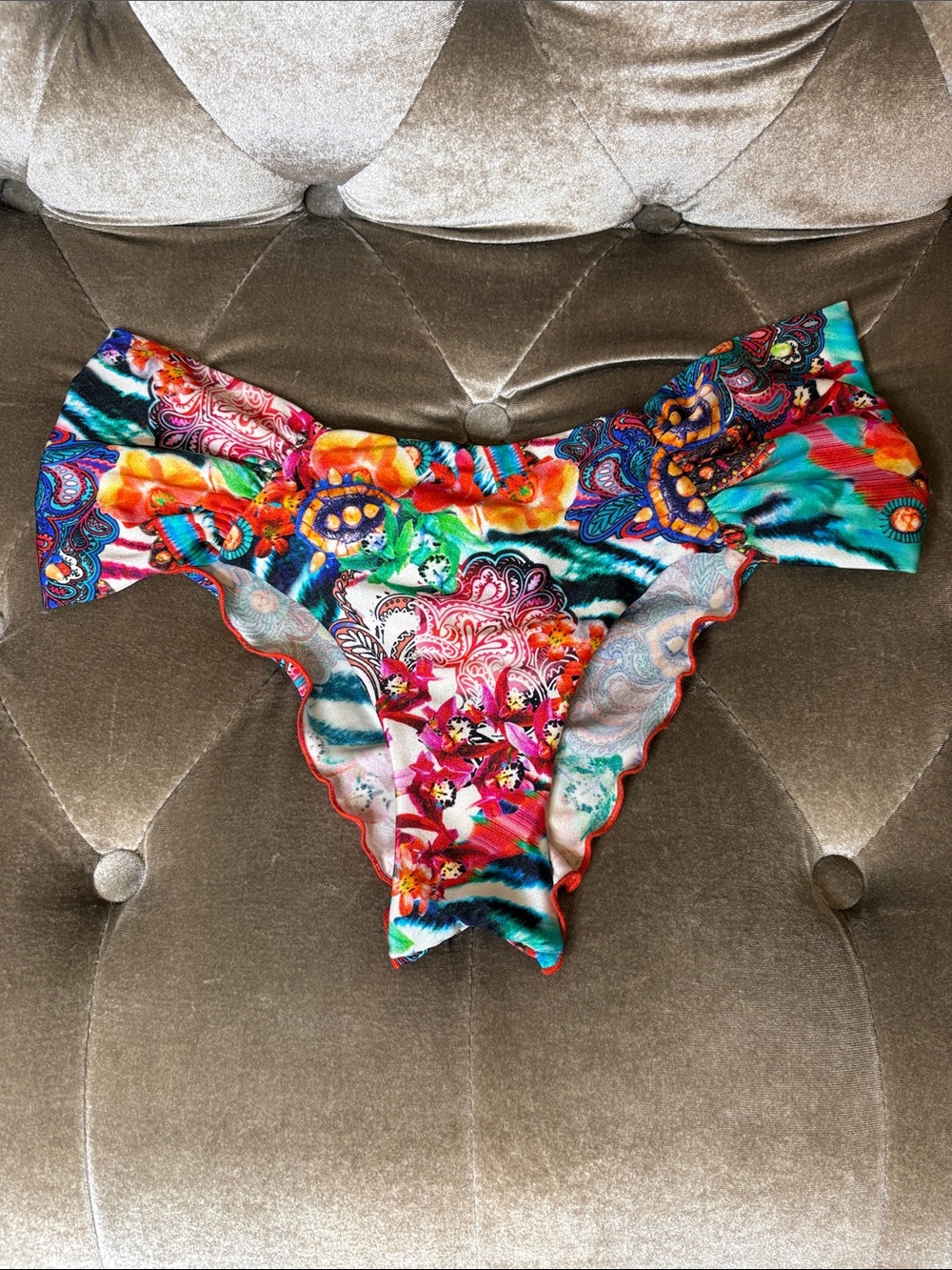 Luli Fama floral gems artsy ruched lettuce hem minimal coverage bikini bottom